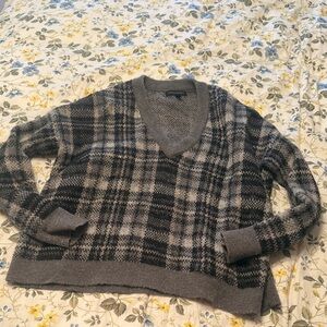 Banana Republic Gray and Black Plaid V-Neck Sweater